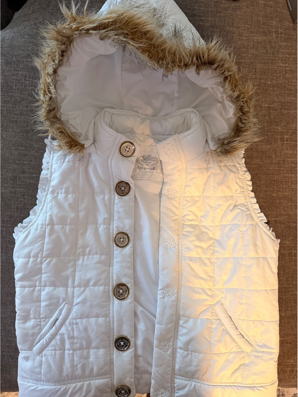 Justice Girls White Quilted Hooded Vest Size 14